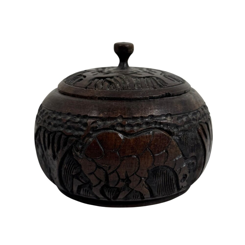 Vintage Hand-Carved Grazing Animal Heavy Wood Trinket Box w/ Lid